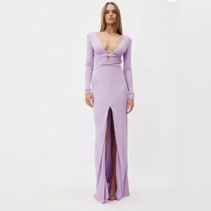 DUNDAS Lilac Orion Gown-  Long-Sleeve Twist-Waist Evening Gown with Front Slit